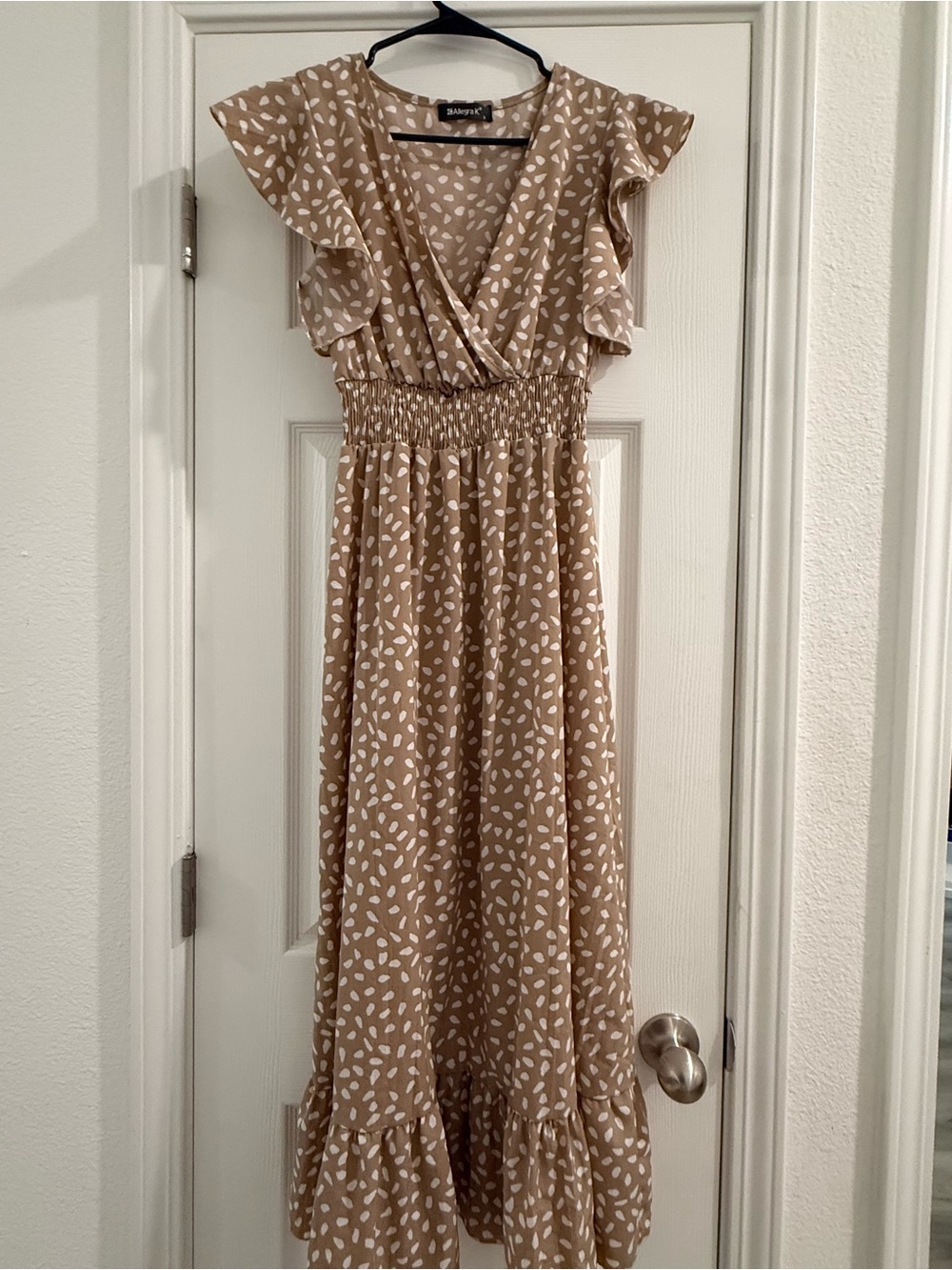 Allegra K Tan Maxi Dress with White Spot Print